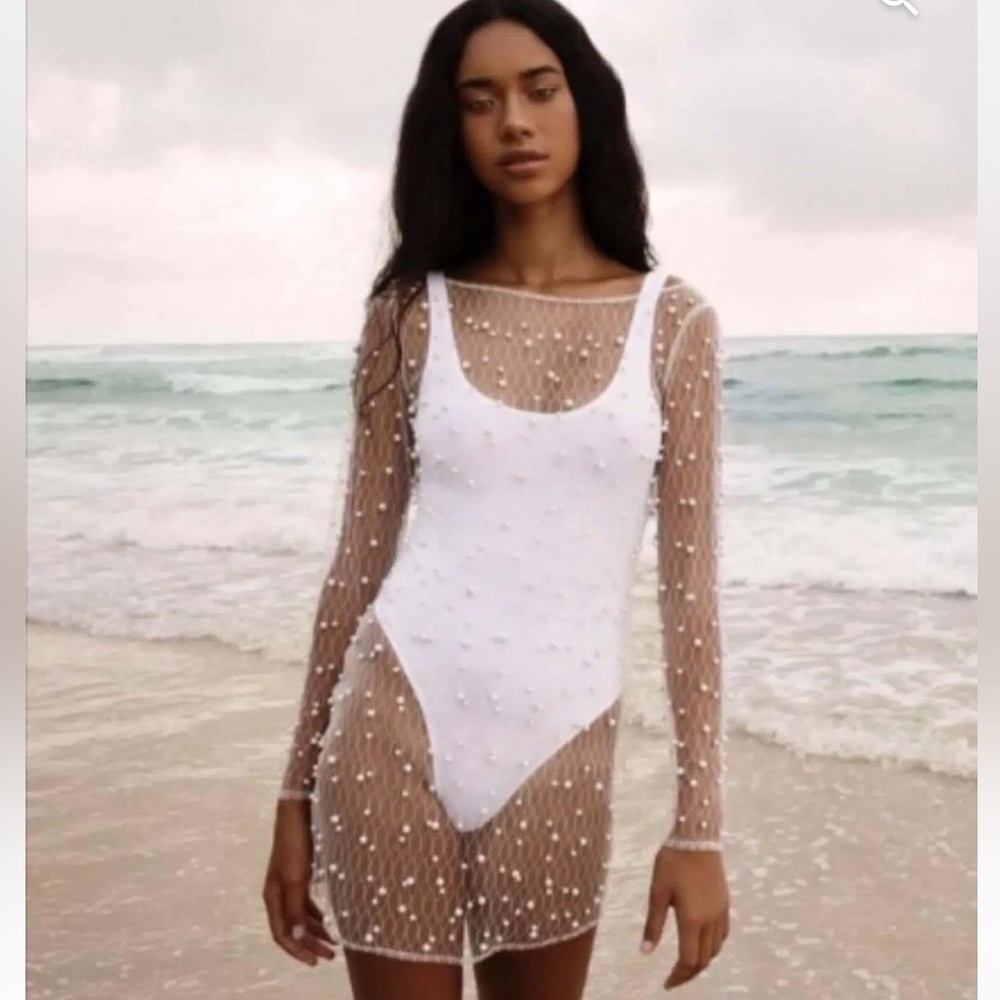 White Sheer Pearl-Embellished Mini Dress